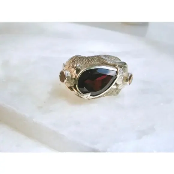 Red Garnet Grossular Garnets Sterling Silver Carved Flower Ring US Sz 8.5 - Picture 3 of 9
